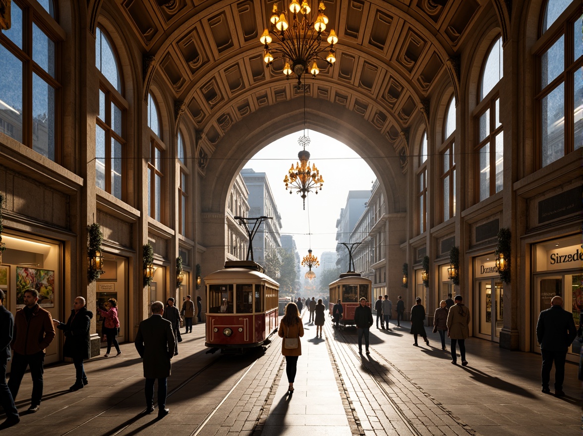 Prompt: Vibrant tram station, Romanesque arches, intricately carved stonework, grand entrance halls, high ceilings, ornate chandeliers, warm golden lighting, polished marble floors, decorative ironwork, vintage train carriages, nostalgic advertisements, lively pedestrian traffic, urban cityscape, morning commute, soft natural light, 1/2 composition, shallow depth of field, atmospheric perspective.