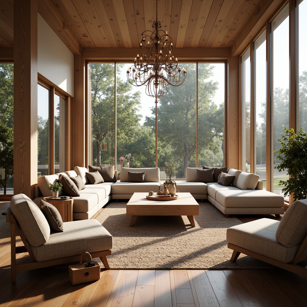 Prompt: Cozy living room, plush sofas, warm wooden flooring, soft cushions, elegant chandeliers, floor-to-ceiling windows, natural light, airy atmosphere, calming color palette, textured rugs, minimalist decor, modern furniture, sleek lines, comfortable seating areas, intimate conversation pits, aromatic scents, soothing music, warm lighting, 1/1 composition, shallow depth of field, realistic textures.