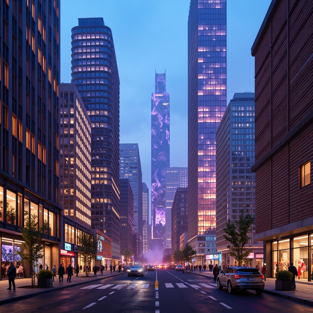 Prompt: Neon-lit cityscape, metallic skyscrapers, iridescent hues, glowing accents, luminescent materials, holographic advertisements, futuristic transportation hubs, sleek curves, angular lines, reflective surfaces, neon-infused glass facades, electric blue skies, vibrant purple tones, radiant orange highlights, high-tech gadgets, virtual reality interfaces, cyberpunk-inspired murals, atmospheric mist, soft ambient lighting, 1-point perspective composition, cinematic camera angles.