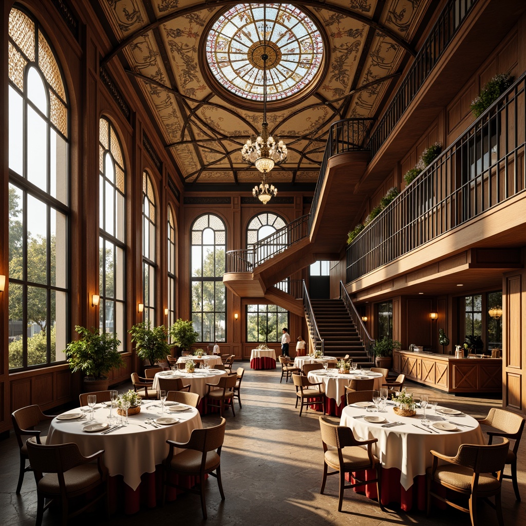 Prompt: Elegant Art Nouveau dining hall, ornate chandeliers, stained glass ceilings, grand staircases, curved lines, flowing organic forms, luxurious fabrics, velvet drapes, polished wood paneling, intricate metalwork, natural light pouring in through large windows, warm soft illumination, subtle shadows, 1/1 composition, shallow depth of field, realistic textures, ambient occlusion.