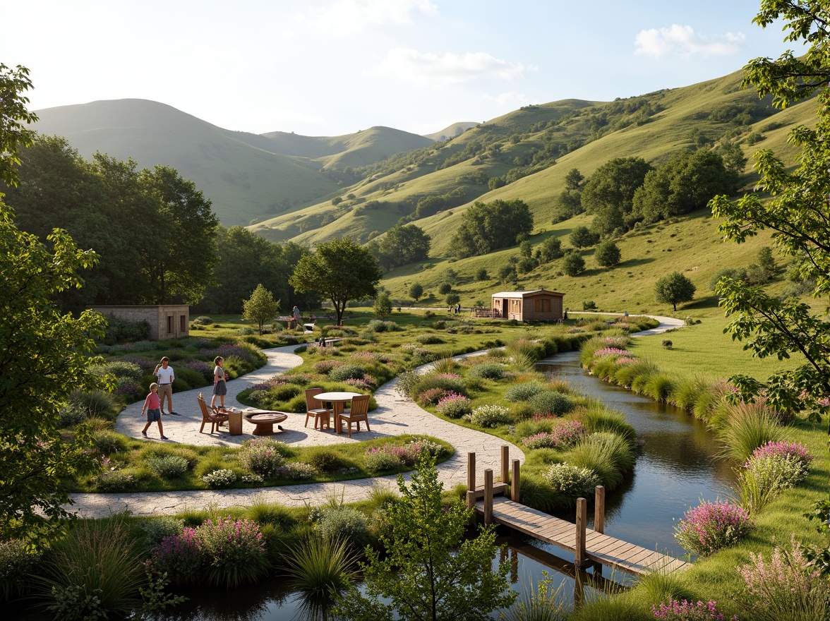 Prompt: Seamless landscape integration, rolling hills, lush greenery, serene water features, walking trails, meandering paths, natural stone walls, rustic wooden bridges, eclectic outdoor furniture, vibrant wildflowers, native plant species, earthy color palette, organic textures, soft warm lighting, shallow depth of field, 3/4 composition, panoramic view, realistic atmosphere, ambient occlusion.