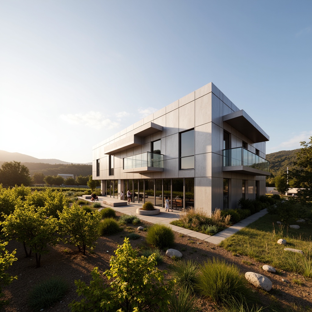 Prompt: Modern winery facade, sleek metal cladding, large glass windows, minimalist design, high-tech architecture, LED lighting accents, cantilevered rooflines, angular shapes, industrial chic aesthetic, rustic vineyard surroundings, rolling hills, lush greenery, sunny afternoon, warm golden light, shallow depth of field, 3/4 composition, panoramic view, realistic textures, ambient occlusion.