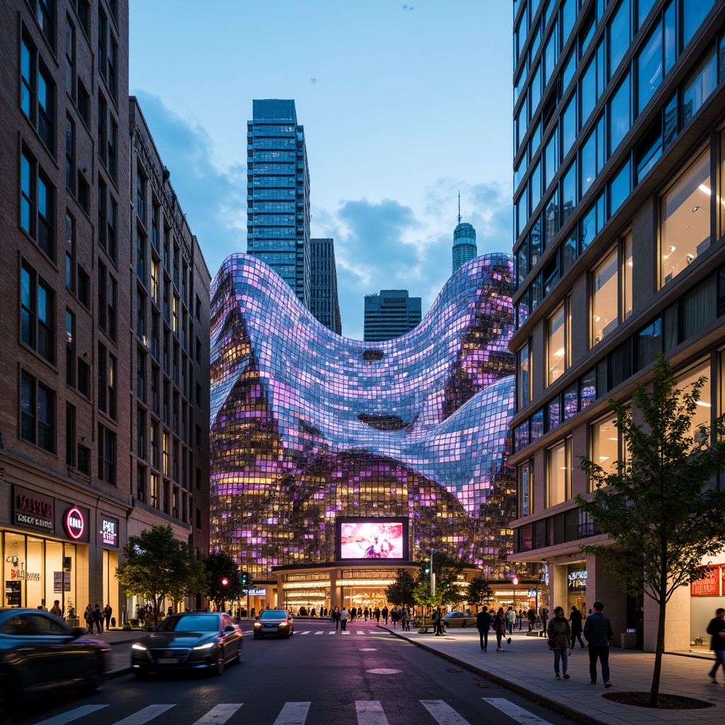 Prompt: Curved glass facades, futuristic cinema complex, organic shapes, iridescent colors, reflective surfaces, LED light installations, neon signs, vibrant cityscape, bustling streets, evening atmosphere, warm golden lighting, shallow depth of field, 1/2 composition, cinematic perspective, realistic reflections, ambient occlusion.