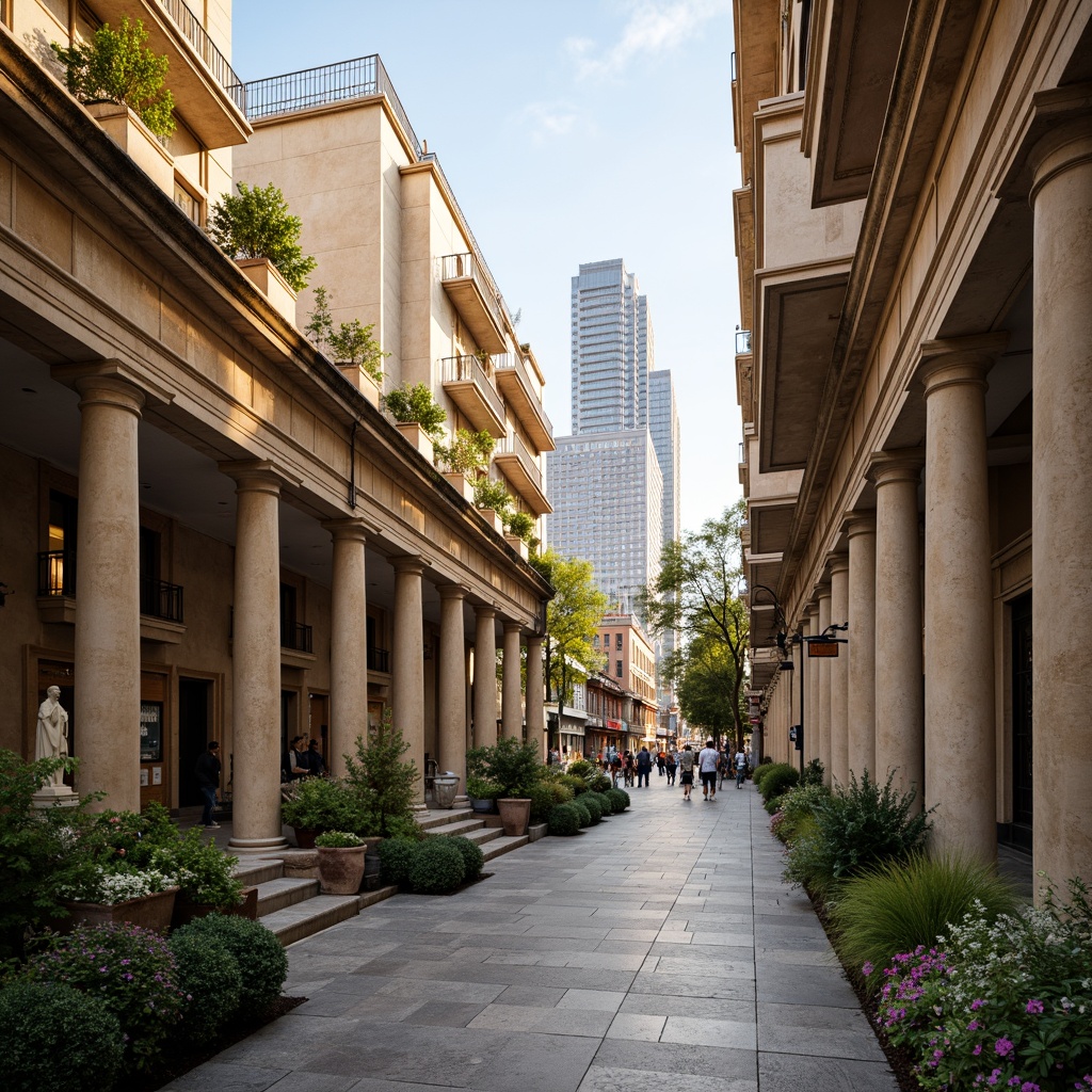 Prompt: Ancient Greek columns, ornate facades, symmetrical composition, grand entranceways, marble statues, lush greenery, urban cityscape, busy streets, modern skyscrapers, vibrant street art, eclectic mix of old and new, warm golden lighting, shallow depth of field, 2/3 composition, wide-angle lens, realistic textures, ambient occlusion.