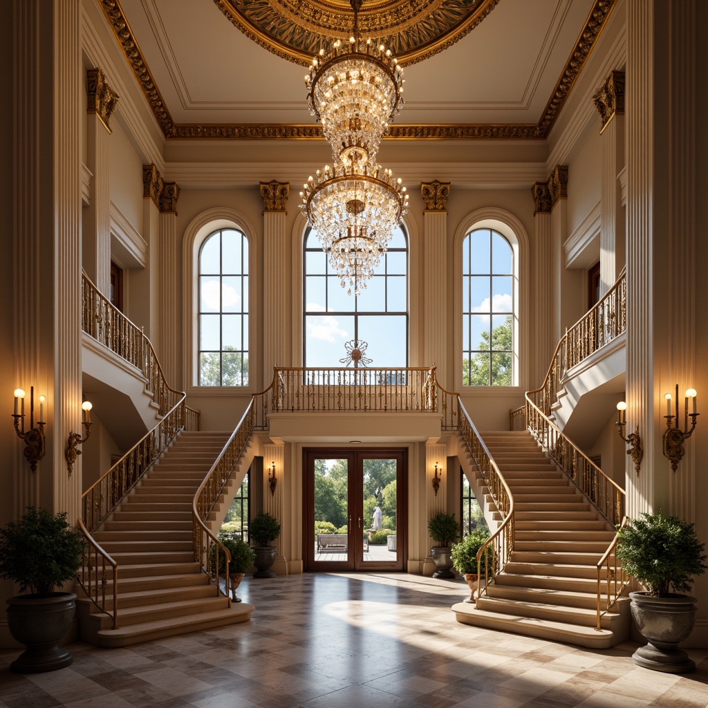 Prompt: Elegant chandeliers, ornate sconces, crystal droplets, grand staircase, marble floors, tall columns, arched windows, luxurious fabrics, rich wood paneling, subtle warm glow, softbox lighting, ambient illumination, high ceilings, symmetrical composition, classical motifs, intricate moldings, golden accents, creamy whites, velvety textures, shallow depth of field, 2/3 composition, realistic reflections.