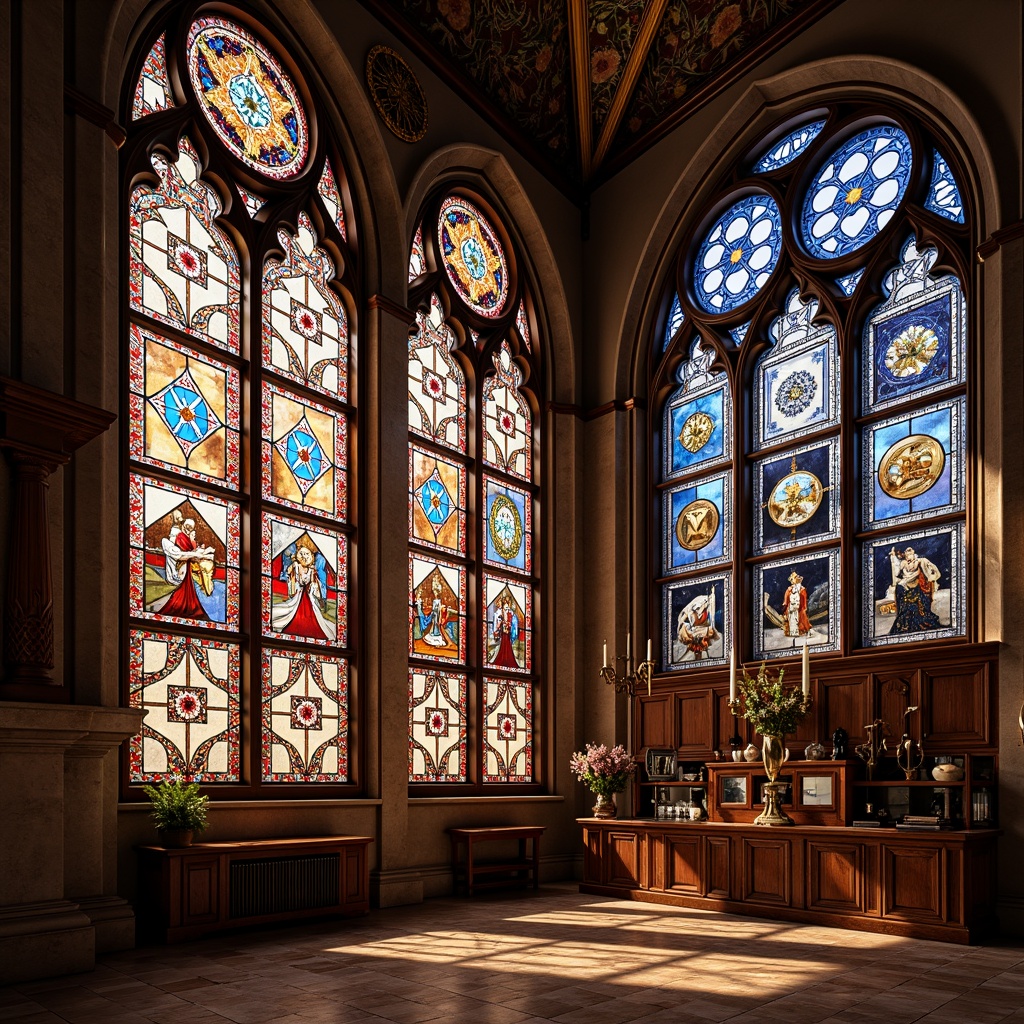 Prompt: Vibrant stained glass windows, geometric patterns, ornate details, opulent materials, lavish decorations, grandiose architecture, symmetrical compositions, luxurious ambiance, spiritual atmosphere, rich colors, intricate designs, abstract shapes, elegant lines, dramatic lighting, stunning visual effects, 1/1 composition, low-angle shot, warm golden light, subtle color gradations, realistic reflections.