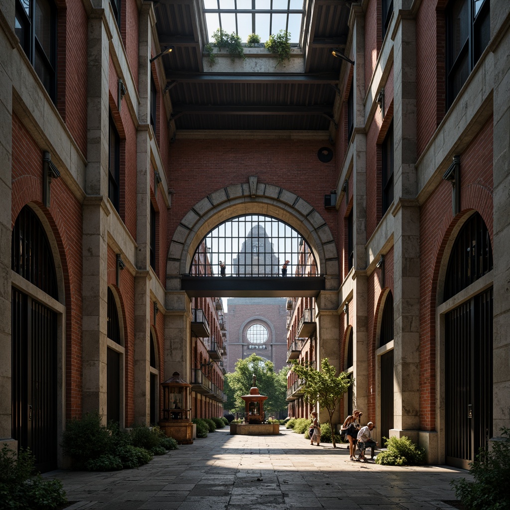 Prompt: Rustic industrial landscape, abandoned factories, distressed brick walls, ornate metal gates, classical columns, grand archways, intricate stone carvings, symmetrical fa\u00e7ades, neoclassical ornaments, subtle color palette, weathered steel beams, old machinery, vintage manufacturing equipment, elegant clock towers, dramatic chiaroscuro lighting, 1/2 composition, atmospheric perspective, high-contrast textures, cinematic mood.