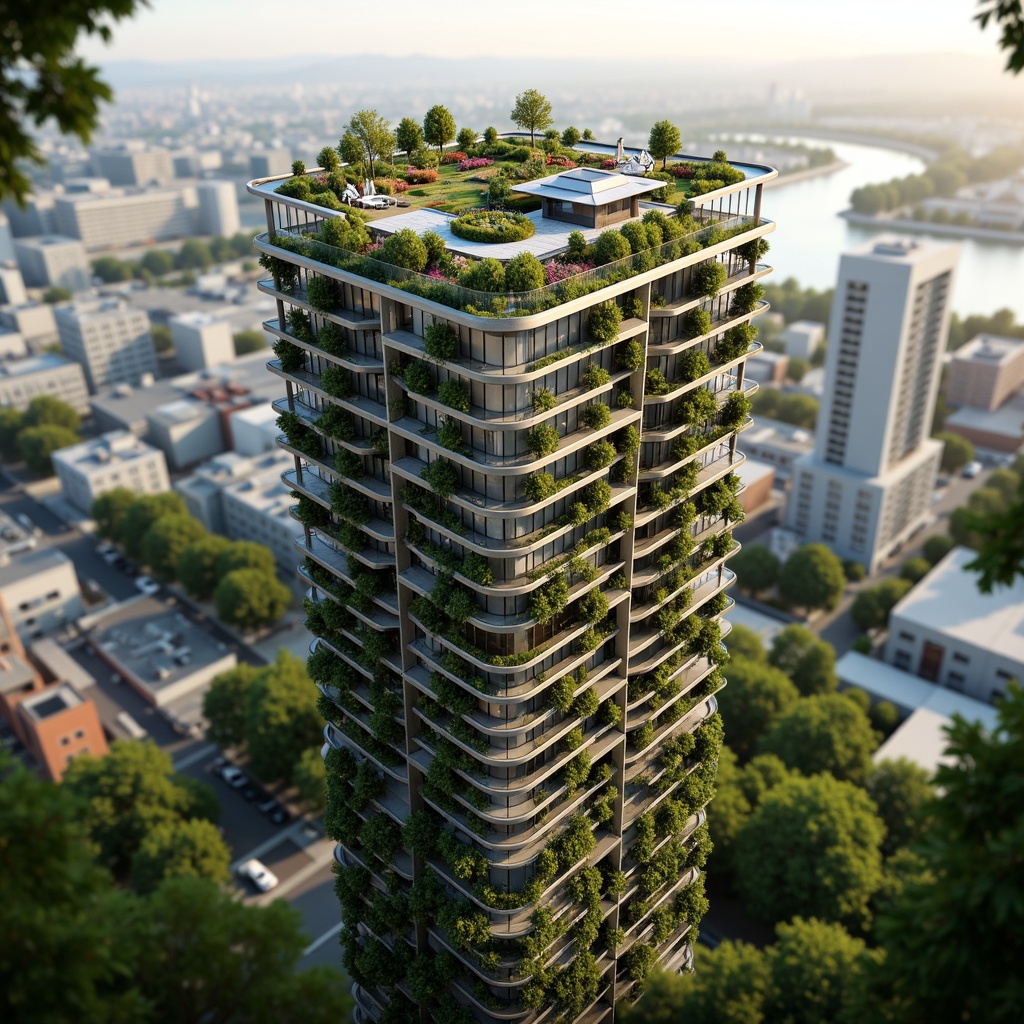 Prompt: Eco-friendly skyscraper, green roofs, solar panels, wind turbines, rainwater harvesting systems, recycled materials, sustainable architecture, modern minimalist design, angular lines, sleek metal fa\u00e7ades, floor-to-ceiling windows, natural ventilation systems, energy-efficient lighting, smart building technologies, urban garden landscapes, lush greenery, vibrant flowers, panoramic city views, soft warm lighting, shallow depth of field, 3/4 composition, realistic textures, ambient occlusion.