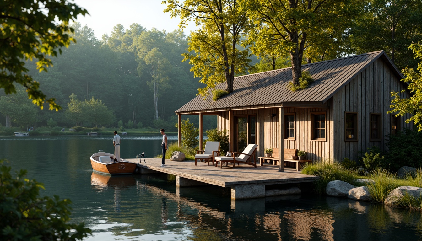 Prompt: Rustic boathouse, wooden dock, serene lake scenery, lush greenery, water reflections, soft warm lighting, natural materials, earthy tones, weathered wood accents, nautical ropes, vintage boat decorations, tranquil atmosphere, shallow depth of field, 3/4 composition, realistic textures, ambient occlusion.