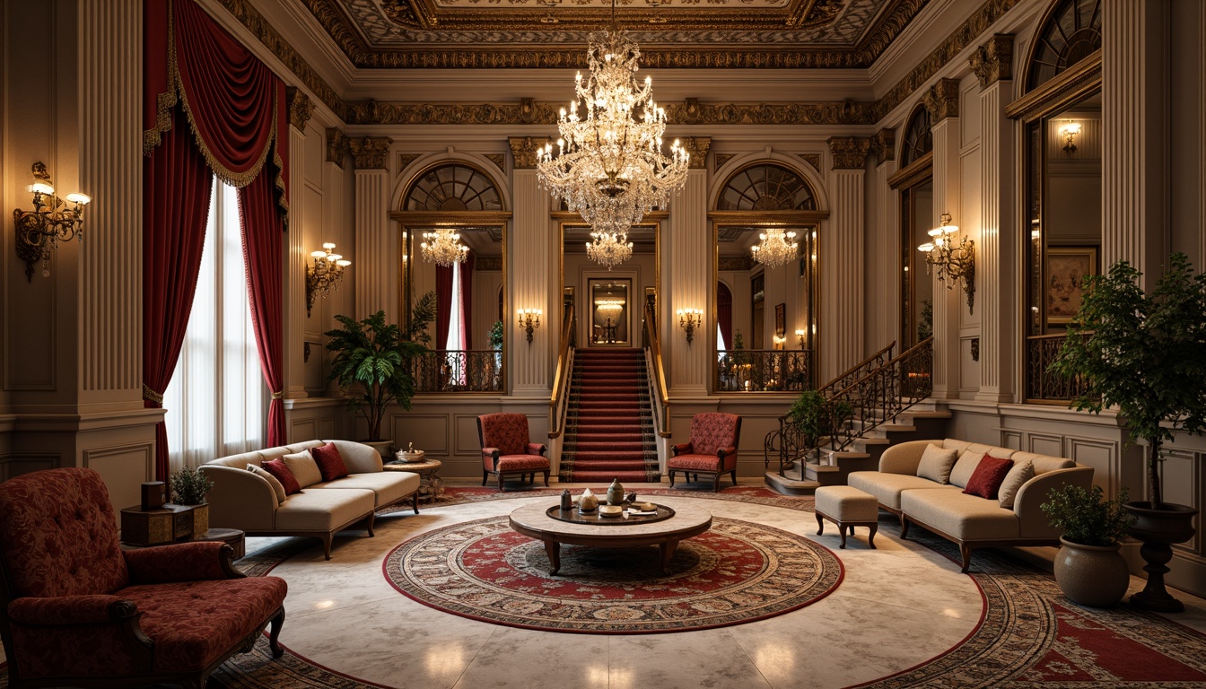 Prompt: Intricate carvings, ornate moldings, luxurious fabrics, elegant furnishings, refined decorative accents, lavish chandeliers, grand staircases, opulent marble floors, richly patterned rugs, majestic columns, imposing archways, sophisticated interior design, warm ambient lighting, shallow depth of field, 3/4 composition, realistic textures, ambient occlusion.