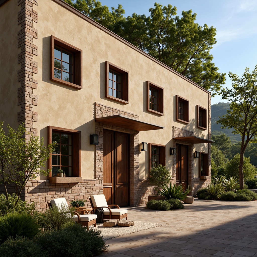 Prompt: Rustic winery facade, earthy tones, wooden accents, stone walls, vintage windows, distressed wood doors, charming archways, Mediterranean-inspired design, rolling vineyards, lush greenery, sunny afternoon, warm soft lighting, shallow depth of field, 1/2 composition, rustic textures, ambient occlusion.