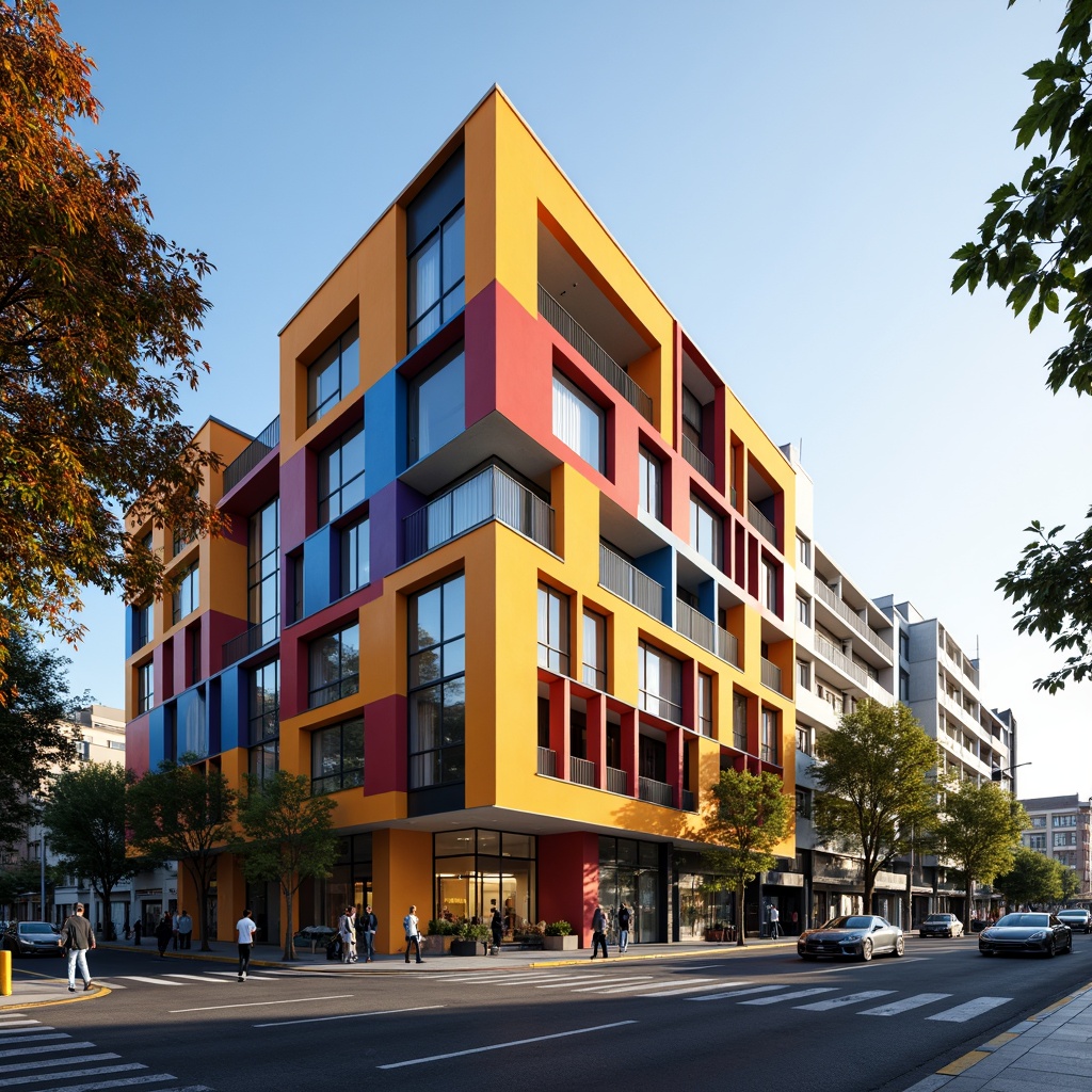 Prompt: Vibrant high school building, expressive facade design, bold color blocks, abstract geometric patterns, irregular shapes, dynamic angles, fragmented forms, overlapping layers, contrasting textures, matte and glossy finishes, urban context, cityscape background, bustling streets, pedestrian traffic, morning sunlight, soft warm lighting, shallow depth of field, 1/2 composition, cinematic view, realistic renderings, ambient occlusion.