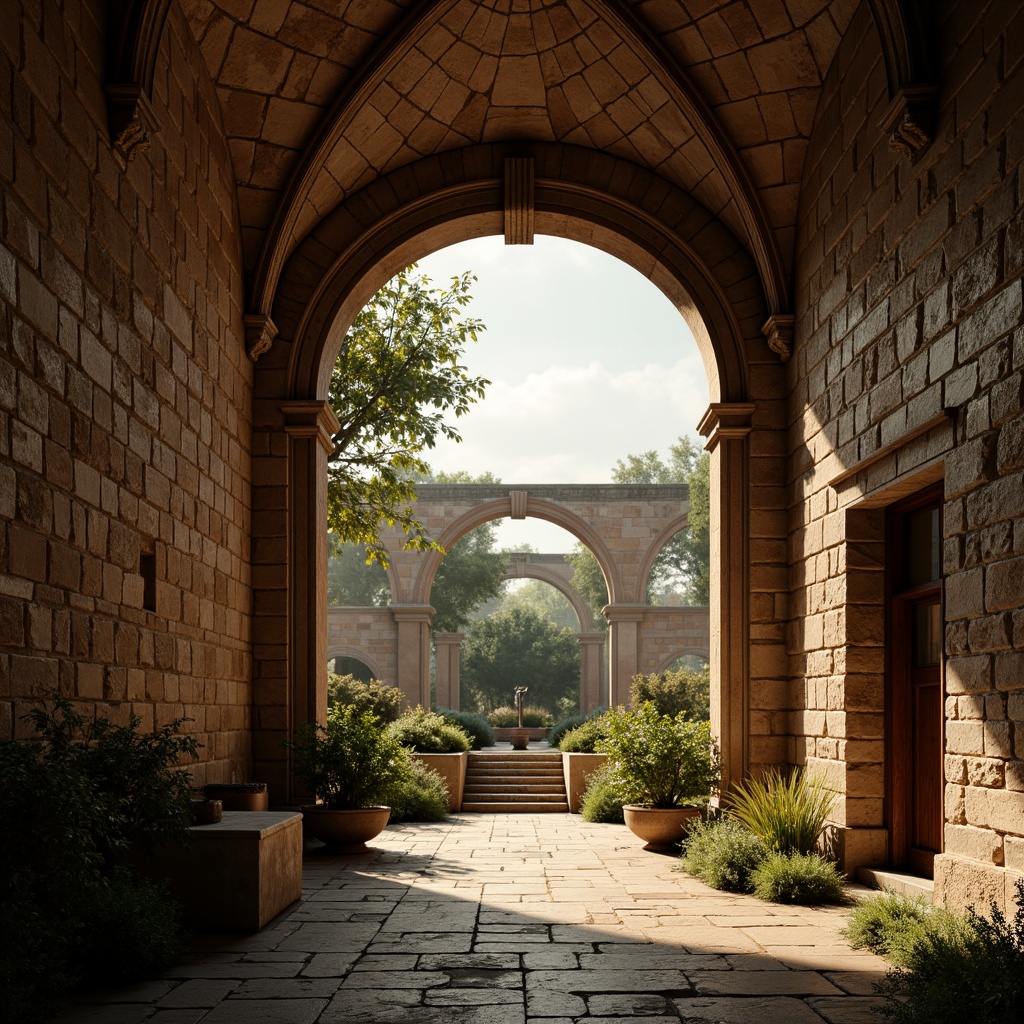 Prompt: Grand archway entrance, rustic stone walls, ornate carvings, vaulted ceilings, dramatic shadows, warm golden lighting, intricate stonework, rounded columns, decorative capitals, lush greenery, surrounding courtyard, ancient ruins, weathered stone textures, atmospheric misting, low-angle shot, 1/2 composition, rich history ambiance.