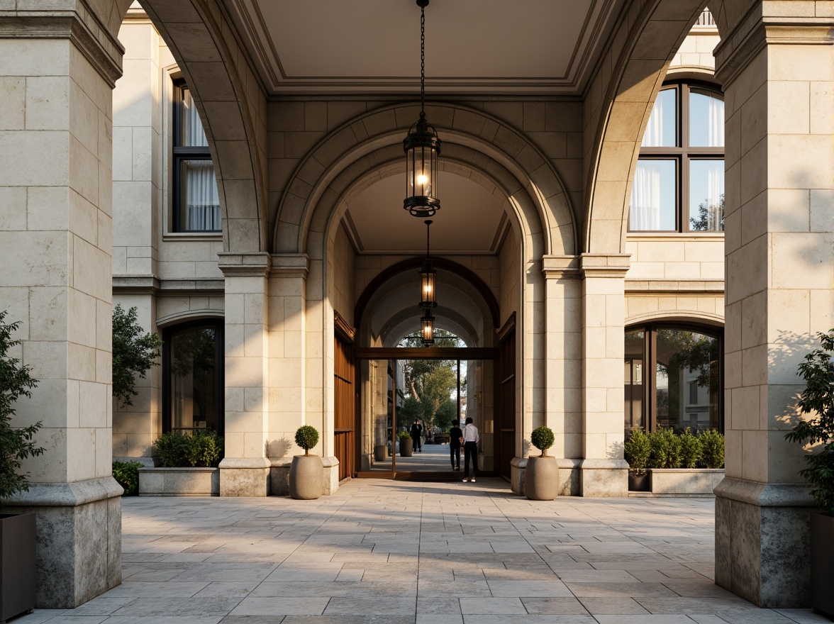 Prompt: Grand entrance, elegant archways, ornate details, symmetrical composition, neutral color palette, limestone walls, bronze accents, large windows, glass doors, inviting porte-cochere, sophisticated urban setting, morning sunlight, soft warm lighting, shallow depth of field, 1/2 composition, realistic textures, ambient occlusion.