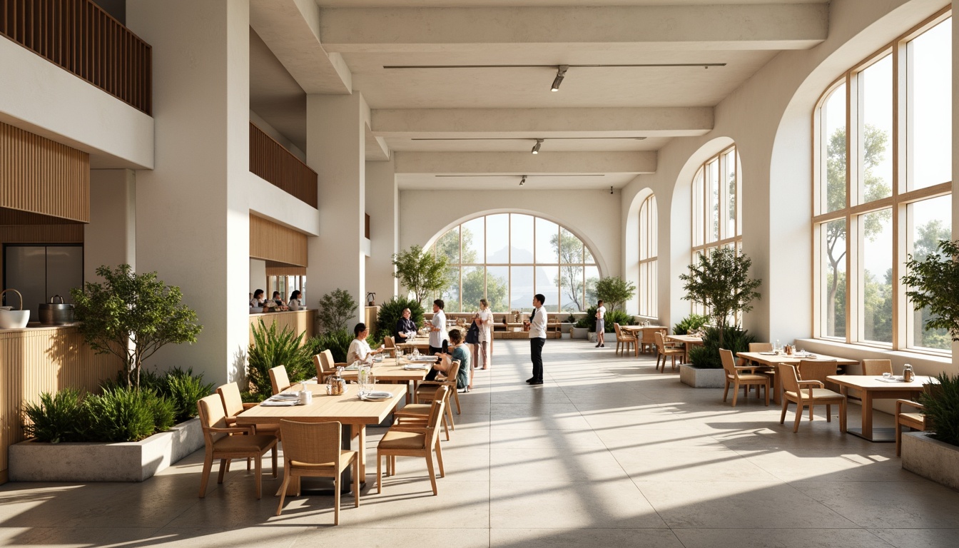 Prompt: Spacious dining hall, minimalist decor, open layout, sleek wooden tables, elegant chairs, simple pendant lights, creamy white walls, polished concrete floors, greenery accents, natural stone features, floor-to-ceiling windows, abundant daylight, soft warm lighting, shallow depth of field, 3/4 composition, panoramic view, realistic textures, ambient occlusion.