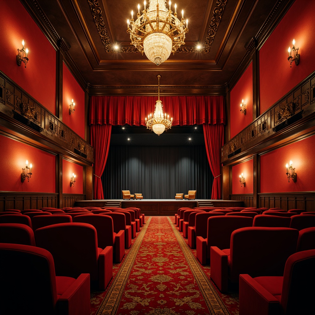 Prompt: Elegant auditorium, rich velvet curtains, luxurious seating, ornate chandeliers, warm golden lighting, sophisticated dark wood accents, plush red carpets, dramatic high ceilings, grand stage presence, vibrant crimson walls, soft box seats, intimate atmosphere, warm beige tones, subtle texture contrasts, cinematic ambiance, 3/4 composition, shallow depth of field, realistic shadows.