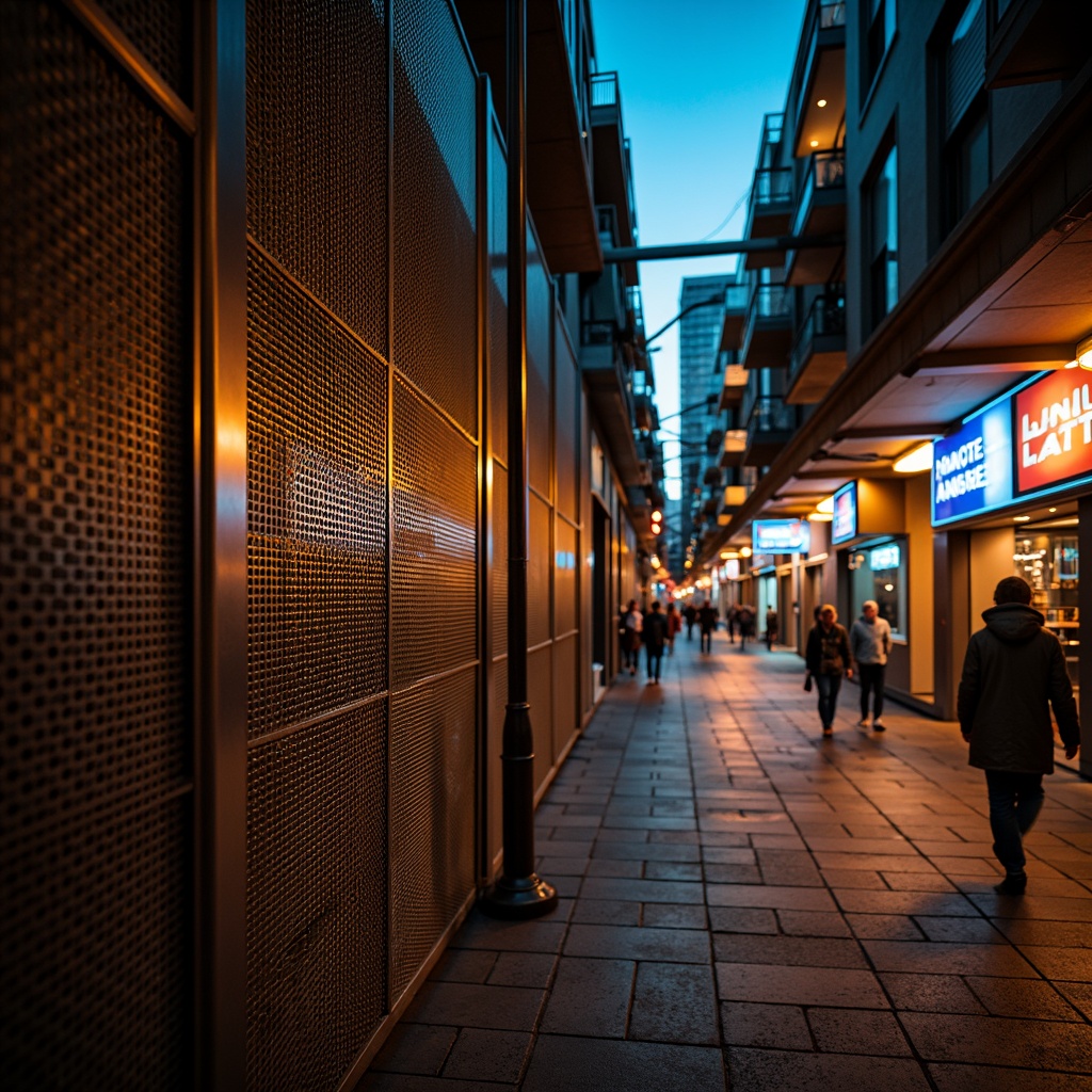 Prompt: Urban nightlife scene, perforated metal facade, futuristic architecture, warm golden lighting, intricate shadows, industrial textures, metallic sheen, urban cityscape, busy streets, neon signs, vibrant colors, dynamic atmosphere, high contrast ratio, dramatic spotlighting, shallow depth of field, 1/2 composition, realistic reflections, ambient occlusion.