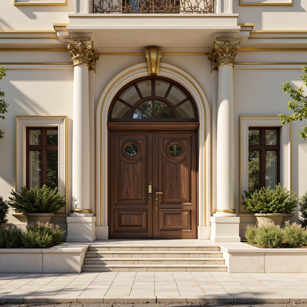 Prompt: Elegant neoclassical facade, creamy white marble, soft beige stone, rich gold accents, ornate bronze details, subtle cream-colored columns, intricate moldings, grandiose arches, symmetrical composition, natural light illumination, warm afternoon sun, shallow depth of field, 1/1 aspect ratio, realistic textures, ambient occlusion.