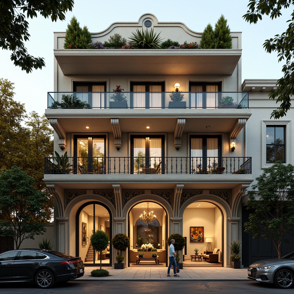 Prompt: Elegant residential facade, ornate Art Nouveau details, sinuous lines, flowing curves, organic forms, luxurious materials, grand entranceways, stained glass windows, wrought iron balconies, verdant rooftop gardens, blooming flower arrangements, warm afternoon sunlight, soft golden lighting, 1/2 composition, intimate depth of field, realistic textures, ambient occlusion, cozy interior spaces, plush furnishings, rich wood accents, decorative moldings.