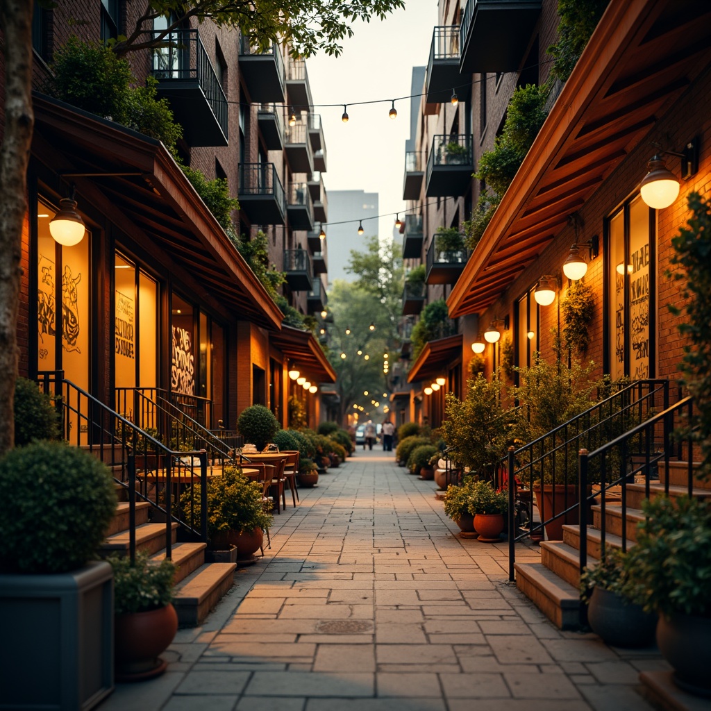 Prompt: Warm urban streets, golden streetlights, rich brownstone buildings, cozy coffee shops, vibrant graffiti murals, rustic metal railings, distressed wood accents, earthy terracotta pots, lush greenery, soft warm lighting, shallow depth of field, 1/2 composition, realistic textures, ambient occlusion.