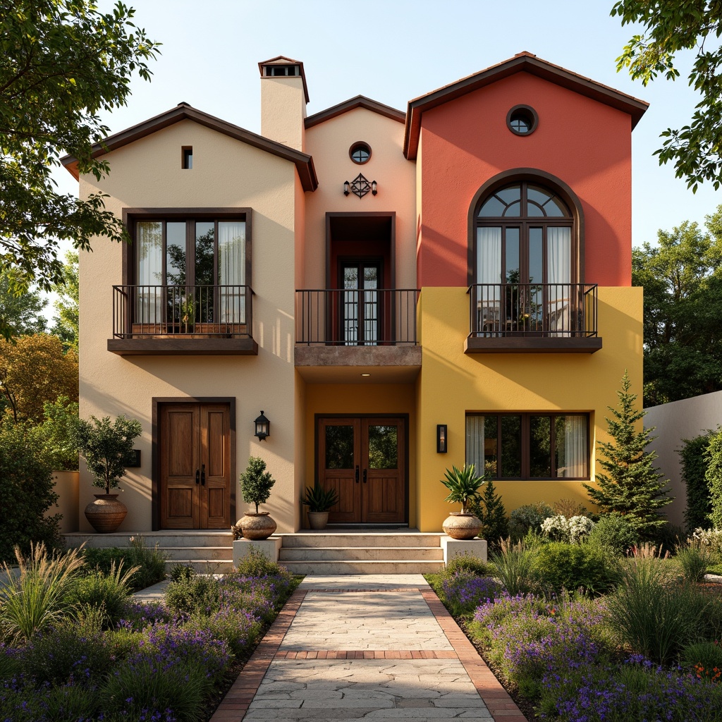 Prompt: Vibrant residential exterior, eclectic architecture style, bold color blocking, warm beige stucco walls, rich wood accents, ornate metalwork, stained glass windows, intricate tile patterns, lush greenery, blooming flowers, natural stone walkways, rustic brick details, distressed wooden doors, antique hardware, soft warm lighting, shallow depth of field, 3/4 composition, panoramic view, realistic textures, ambient occlusion.