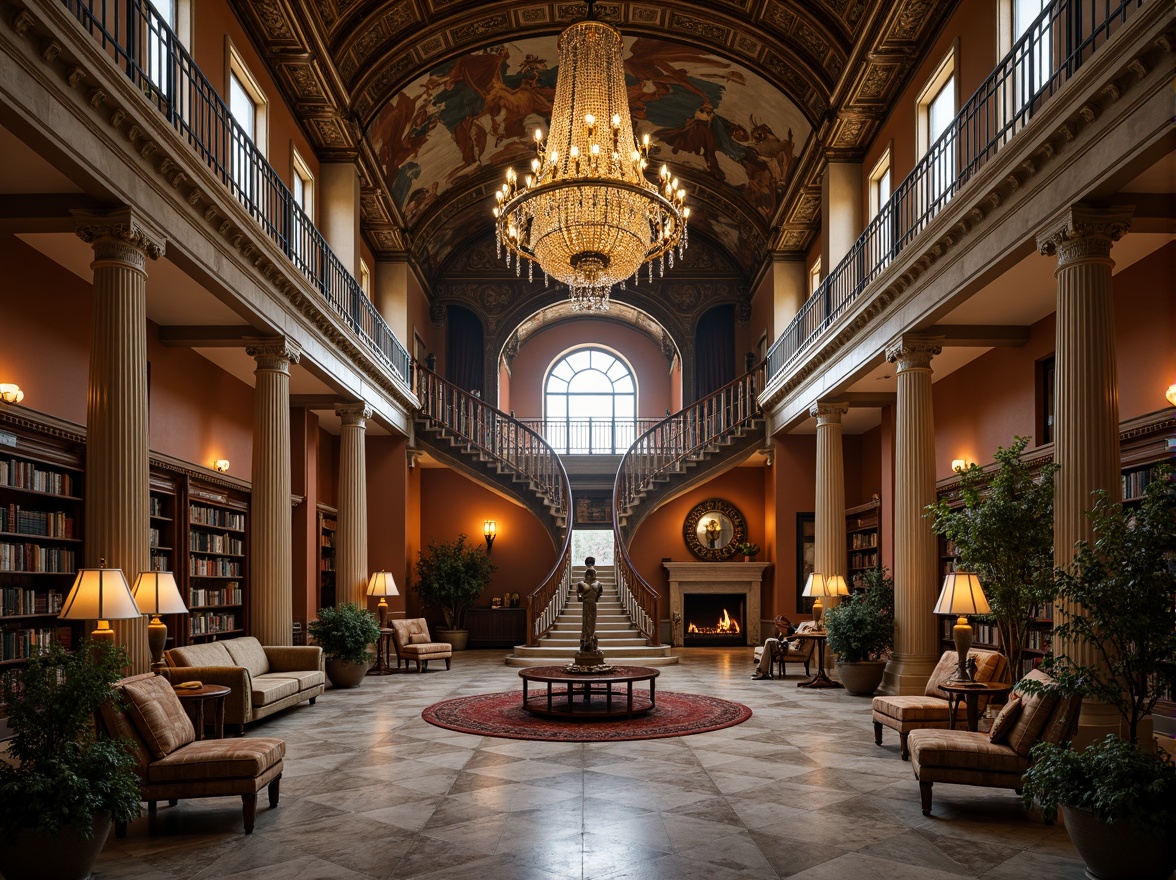 Prompt: Grand Renaissance-style mansion, opulent chandeliers, ornate furnishings, lavish drapery, intricate frescoes, marble flooring, high ceilings, majestic archways, sweeping staircases, spacious great halls, intimate libraries, cozy fireplaces, rich wood paneling, gilded accents, soft warm lighting, dramatic shadows, 1/1 composition, low-angle shot, atmospheric perspective, realistic textures, ambient occlusion.