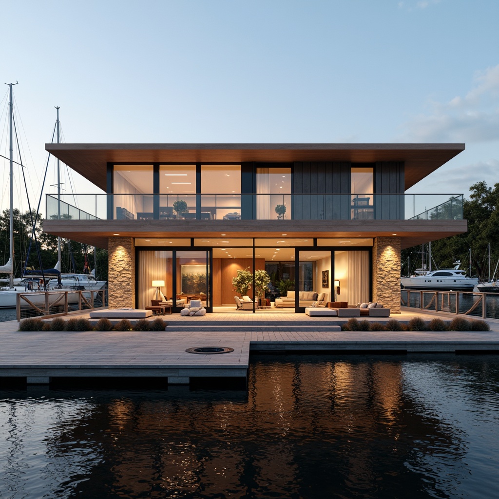 Prompt: Contemporary boathouse, waterfront location, tranquil lake scenery, wooden dock, sailboats, luxury yachts, modern minimalist design, large windows, sliding glass doors, natural stone walls, wood accents, nautical theme, rope details, porthole windows, sleek metal railings, sunset warm lighting, shallow depth of field, 1/2 composition, soft focus background, realistic water reflections, ambient occlusion.