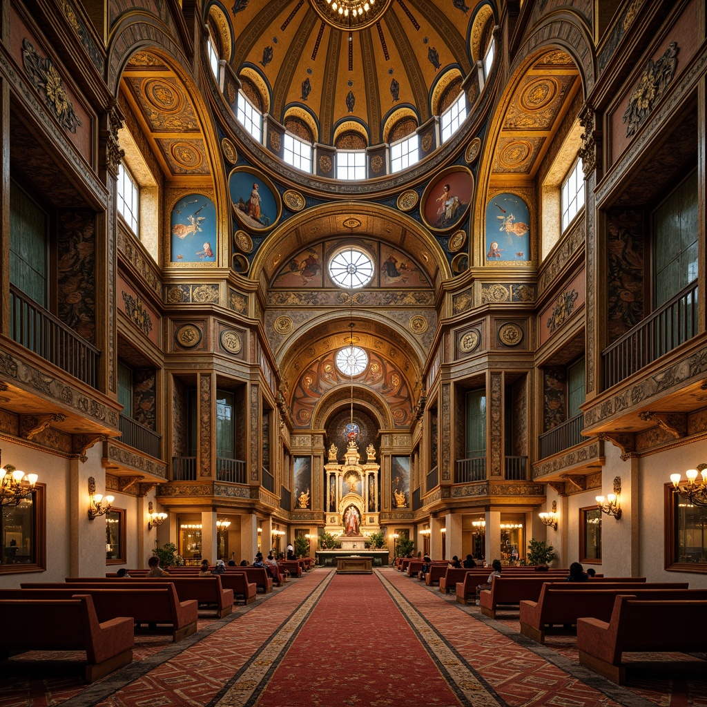 Prompt: Byzantine-style church, ornate golden domes, intricate mosaics, rich jewel-toned frescoes, warm earthy tones, terracotta reds, burnt oranges, deep blues, emerald greens, lavish gold accents, ornamental patterns, luxurious textiles, ornate marble columns, grandiose architecture, dramatic lighting, high contrast, vivid colors, mystical ambiance.