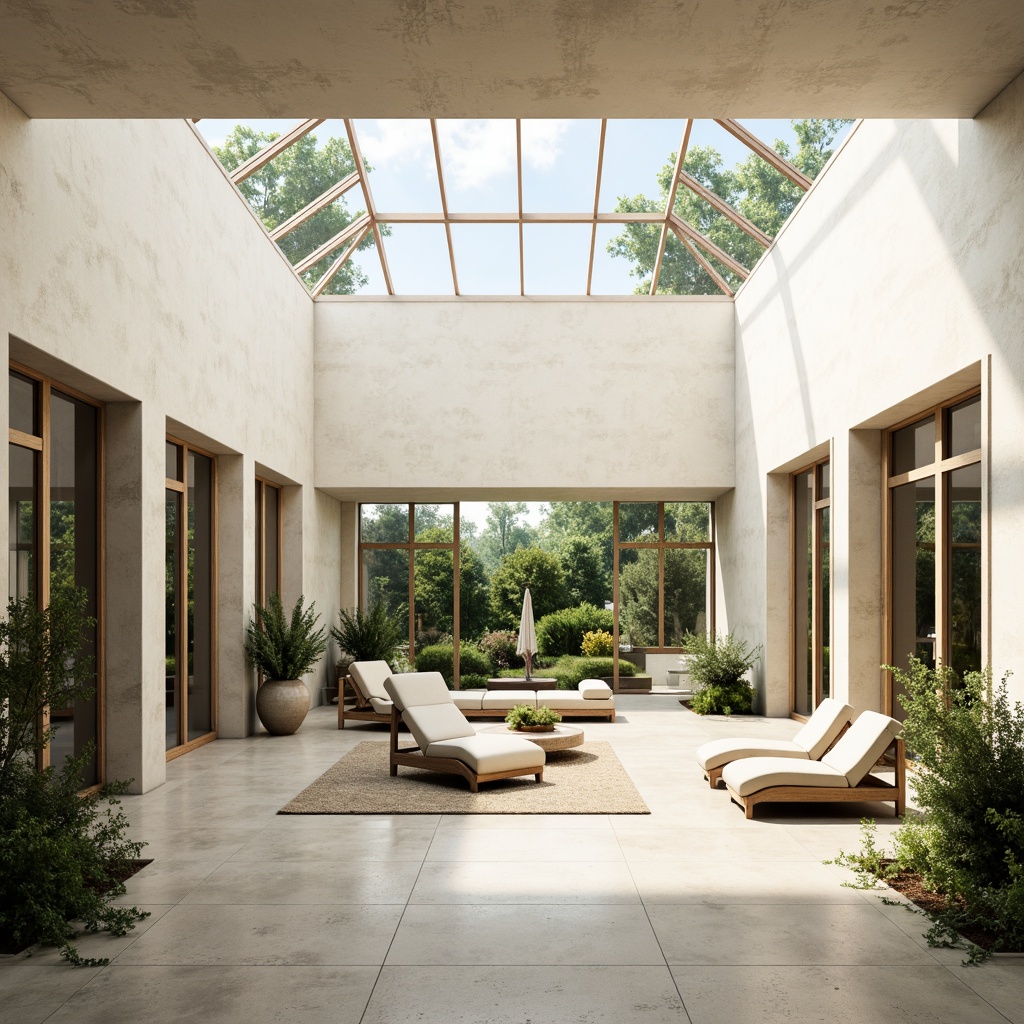 Prompt: Bright airy interior, large windows, sliding glass doors, clerestory windows, skylights, open floor plans, minimal obstructions, reflective surfaces, polished concrete floors, white walls, light-colored furniture, lush greenery, hanging plants, vertical gardens, natural textures, warm beige tones, soft diffused lighting, 1/1 composition, symmetrical balance, subtle color palette, realistic renderings, ambient occlusion.