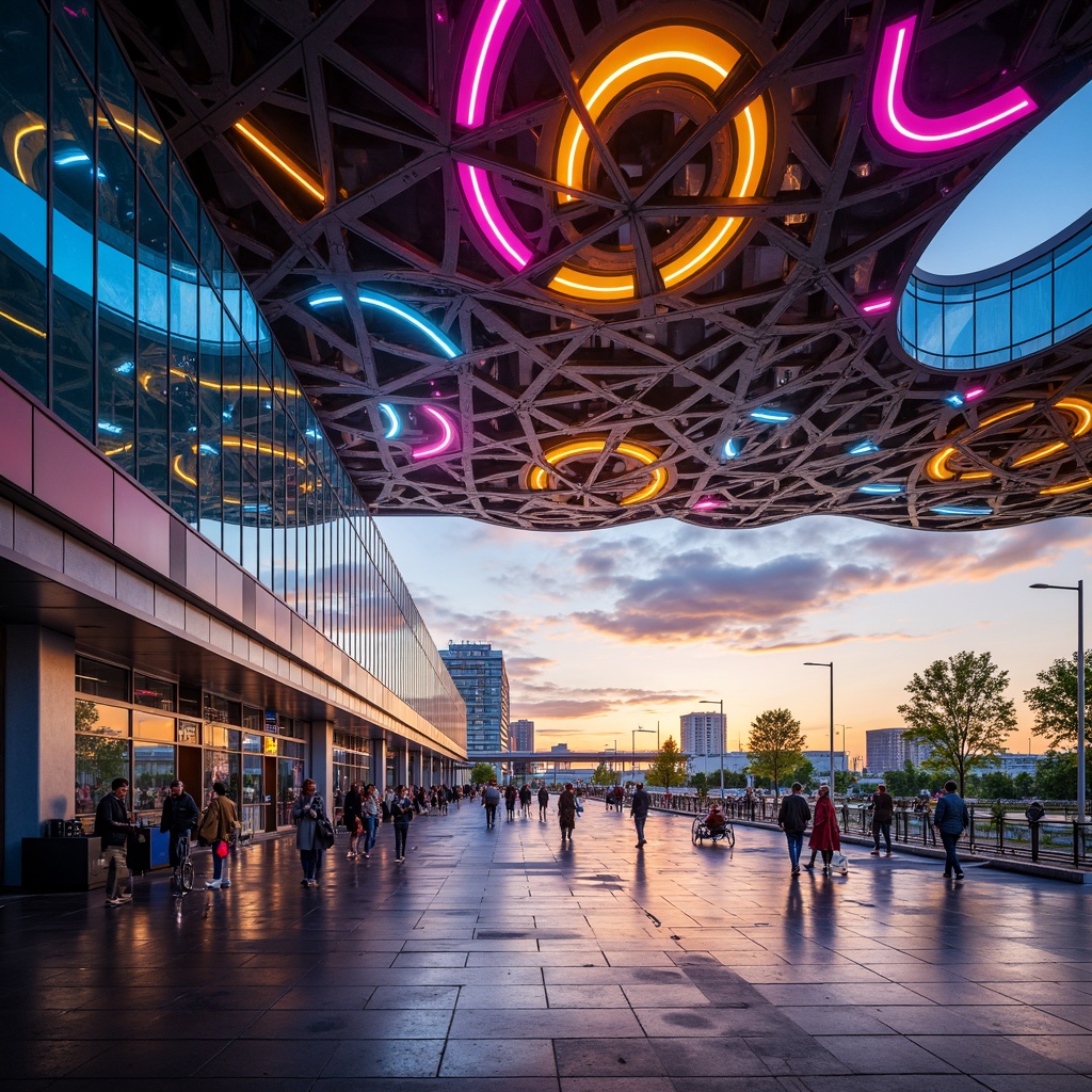 Prompt: Vibrant airport terminal, futuristic architecture, aerodynamic curves, metallic accents, neon light installations, dynamic LED displays, sleek glass facades, bold color blocking, geometric patterns, urban cityscape views, bustling atmosphere, warm golden lighting, shallow depth of field, 1/2 composition, cinematic camera angles, realistic reflections, ambient occlusion.