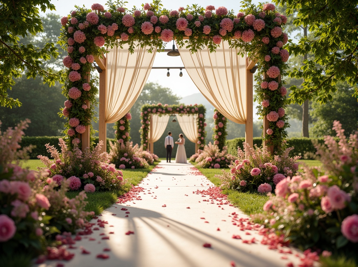 Prompt: Vibrant wedding ceremony, lush greenery, blooming flowers, elegant archways, delicate lace details, soft warm lighting, shallow depth of field, 3/4 composition, panoramic view, realistic textures, ambient occlusion, pastel color palette, blush pink hues, ivory whites, champagne gold accents, rich berry tones, luxurious fabrics, flowing drapes, whimsical patterns, romantic atmosphere.