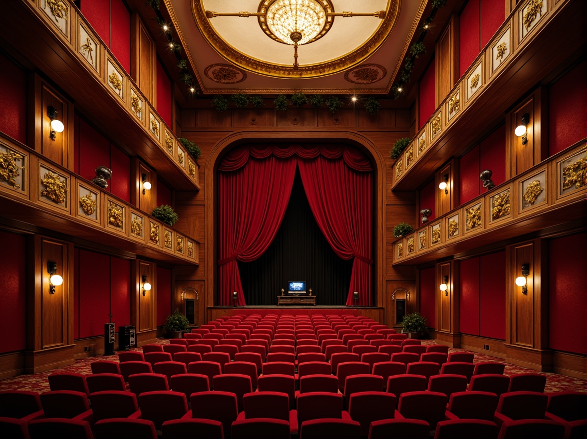 Prompt: Luxurious theater interior, rich velvet curtains, ornate golden balconies, plush red seats, intricate wooden moldings, subtle ambient lighting, sophisticated sound systems, precision-tuned speakers, acoustic panels, sound-absorbing materials, optimal reverberation times, 3D audio simulations, immersive cinematic experiences, warm intimate atmosphere, soft diffused light, shallow depth of field, 1/2 composition, realistic textures, ambient occlusion.