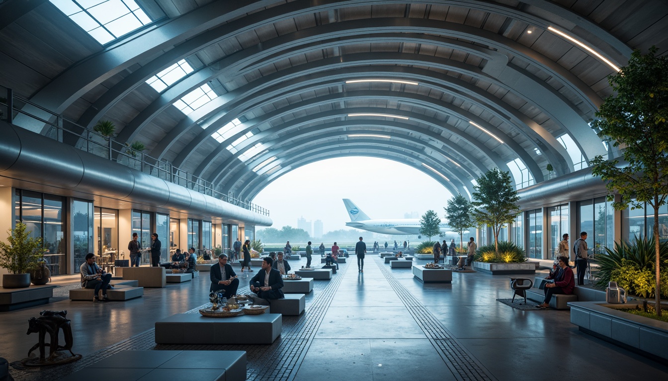 Prompt: Futuristic airport terminal, dynamic curvaceous lines, angular metallic structures, reflective glass fa\u00e7ades, LED light installations, aerodynamic shapes, minimalist interior design, sleek modern furniture, polished concrete floors, stainless steel handrails, translucent canopies, atmospheric lighting, misty morning ambiance, shallow depth of field, 2/3 composition, panoramic view, realistic textures, ambient occlusion.