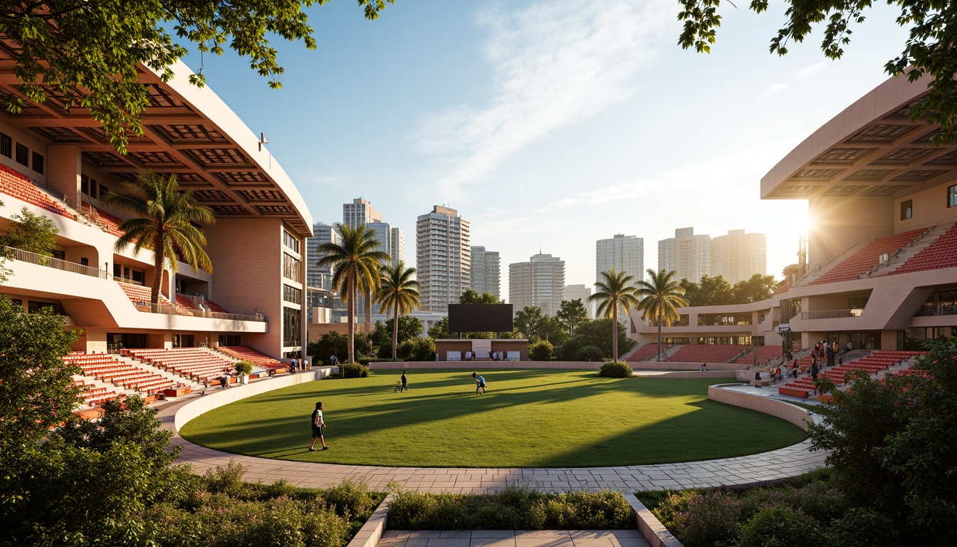 Prompt: Art Deco stadium, curved lines, ornate details, luxurious materials, vibrant color schemes, geometric patterns, grand entrance, majestic archways, lush greenery, tropical palm trees, sunny day, warm golden lighting, shallow depth of field, 3/4 composition, panoramic view, realistic textures, ambient occlusion, integrated landscaping, natural stone walls, ornamental fountains, walking paths, urban cityscape, bustling streets, modern skyscrapers, vibrant nightlife.