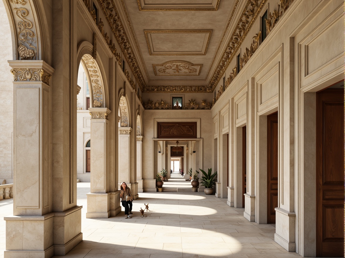 Prompt: Elegant classical architecture, ornate stone carvings, muted earth tones, soft beige walls, rich walnut wood accents, gilded gold details, cream-colored marble floors, subtle fresco ceilings, ornamental columns, symmetrical composition, natural light illumination, warm softbox lighting, realistic textures, ambient occlusion, slight vignette effect.