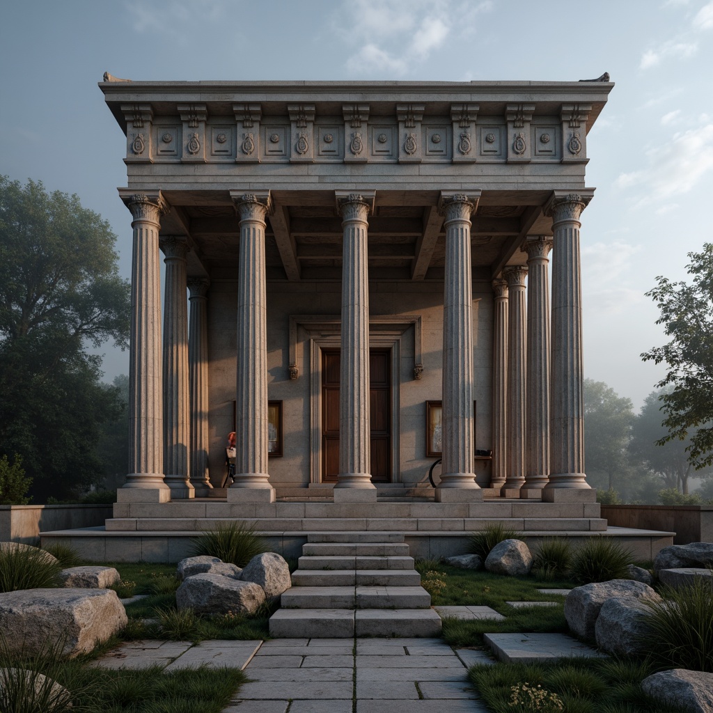 Prompt: Ancient Greek temple, majestic columns, ornate capitals, sturdy stone bases, rhythmic arches, symmetrical fa\u00e7ade, grand entrance, elegant proportions, subtle lighting, atmospheric mist, dramatic shadows, 3/4 composition, classical architecture, weathered stone textures, ambient occlusion.