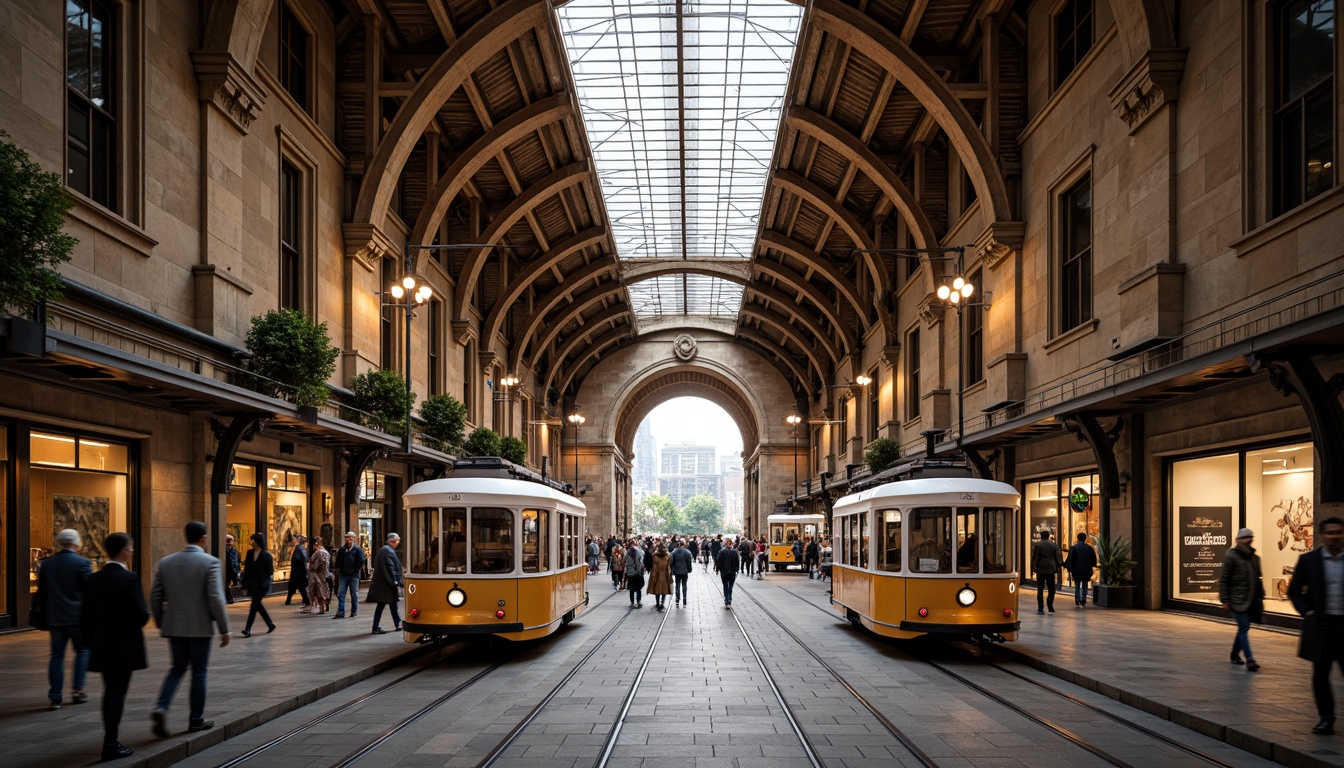 Prompt: Grand tram station, Romanesque arches, ornate stone carvings, intricate vaulted ceilings, rustic brick walls, earthy tones, warm lighting, bustling city atmosphere, modern urban transport hub, sleek glass canopies, metal beams, industrial chic, vintage tram cars, nostalgic advertisements, urban landscape views, shallow depth of field, 1/2 composition, warm color grading, realistic textures, ambient occlusion.