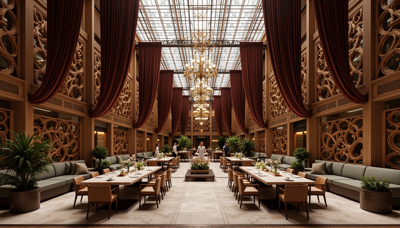 Prompt: Opulent dining hall, intricately carved wooden panels, sinuous lines, organic forms, stained glass ceiling, grand chandelier, luxurious velvet drapes, ornate metalwork, asymmetrical composition, soft warm lighting, subtle color palette, elegant furnishings, curved banquettes, upholstered chairs, polished marble floors, floral patterns, nature-inspired motifs, 3/4 perspective, shallow depth of field, realistic textures.