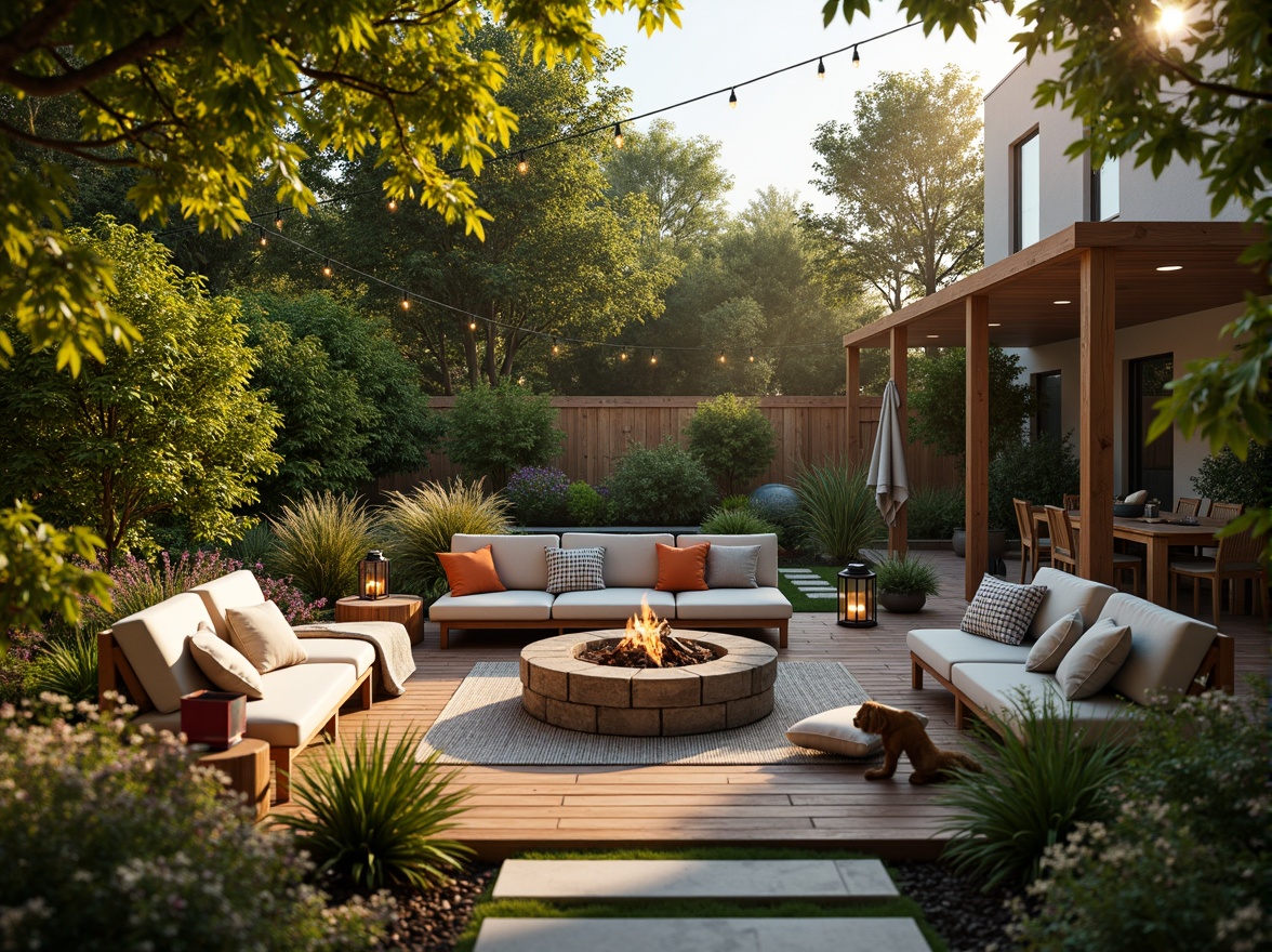 Prompt: Cozy backyard patio, lush greenery, vibrant flowers, wooden benches, string lights, lanterns, warm fire pit, natural stone walkways, modern outdoor furniture, plush cushions, soft blankets, serene ambiance, sunny afternoon, warm golden lighting, shallow depth of field, 3/4 composition, realistic textures, ambient occlusion.