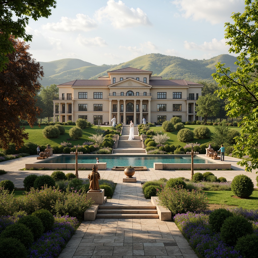 Prompt: Grand neoclassical mansion, symmetrical facade, ornate decorations, classical columns, sweeping staircases, lush greenery, rolling hills, serene lake, majestic trees, vibrant flowers, natural stone pathways, weathered bronze statues, elegant fountains, soft warm lighting, shallow depth of field, 3/4 composition, panoramic view, realistic textures, ambient occlusion.