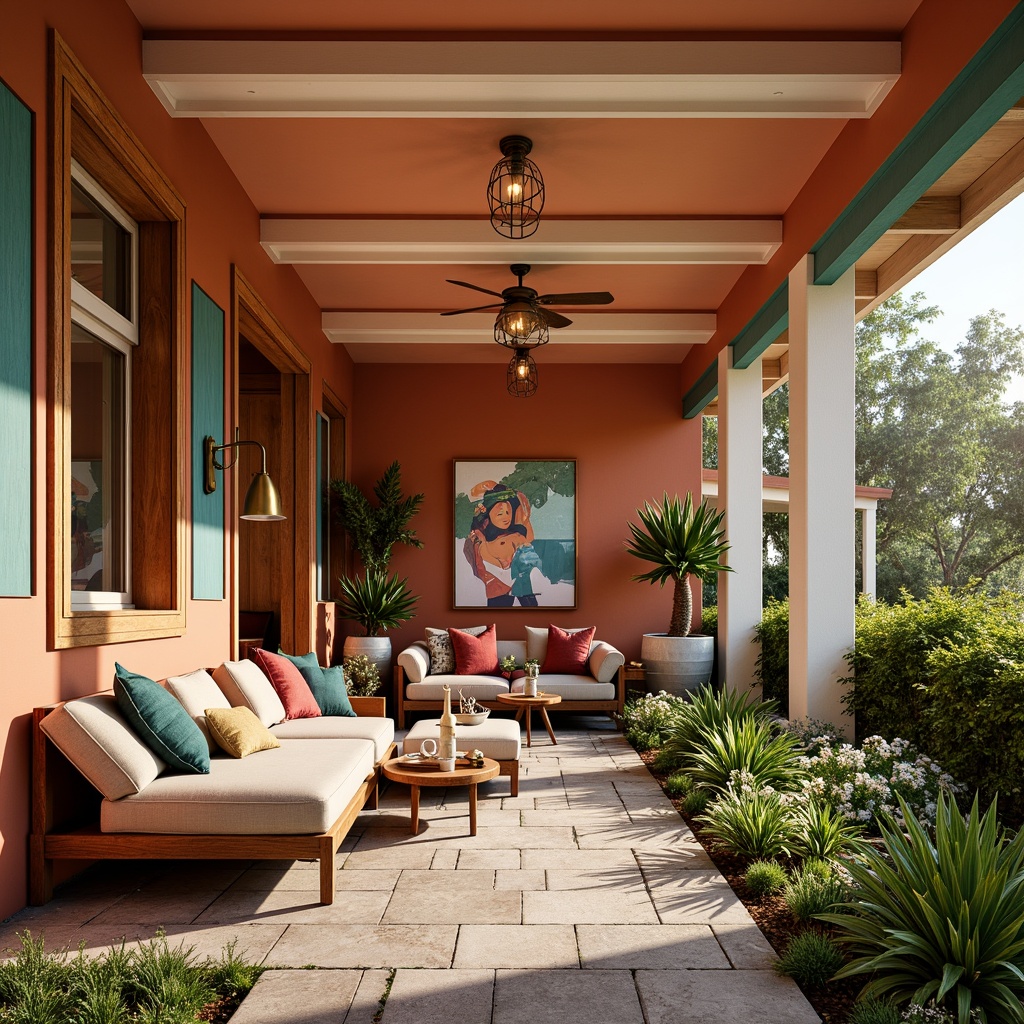 Prompt: Vibrant eclectic homes, playful color combinations, warm terracotta walls, rich wood accents, bold turquoise trims, soft peach ceilings, creamy white columns, ornate bronze fixtures, lush greenery, blooming flowers, natural stone pathways, reclaimed wood floors, distressed metal roofs, industrial-chic lighting, cozy reading nooks, plush velvet furnishings, abstract geometric patterns, eclectic art pieces, warm golden lighting, shallow depth of field, 1/1 composition, realistic textures, ambient occlusion.