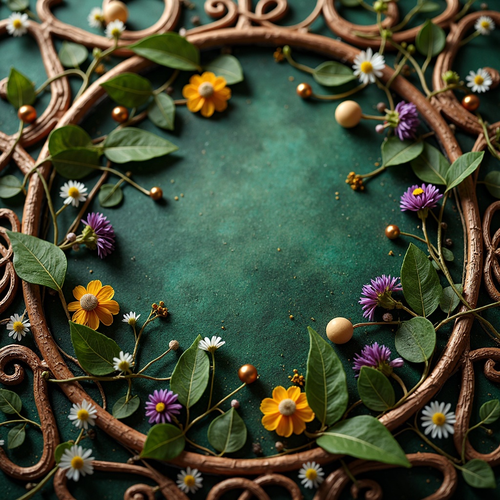 Prompt: Intricate ornate details, flowing organic lines, elegant curves, rich jewel tones, emerald greens, sapphire blues, amethyst purples, golden yellows, copper accents, luxurious velvety textures, iridescent sheens, subtle gradient effects, whimsical florals, stylized botanicals, dreamy ethereal ambiance, soft warm lighting, shallow depth of field, 2/3 composition, ornate frames, decorative borders, intricate patterns, Art Nouveau inspired motifs.