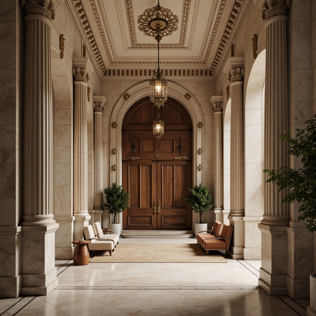 Prompt: Elegant neoclassical facade, ornate columns, intricately carved details, limestone walls, marble flooring, grand entranceways, symmetrical compositions, rustic wooden doors, antique bronze hardware, crystal chandeliers, soft warm lighting, shallow depth of field, 1/1 composition, realistic textures, ambient occlusion, subtle color palette, muted earth tones, natural stone surfaces, ornate moldings, refined furnishings, luxurious fabrics, sophisticated ambiance.