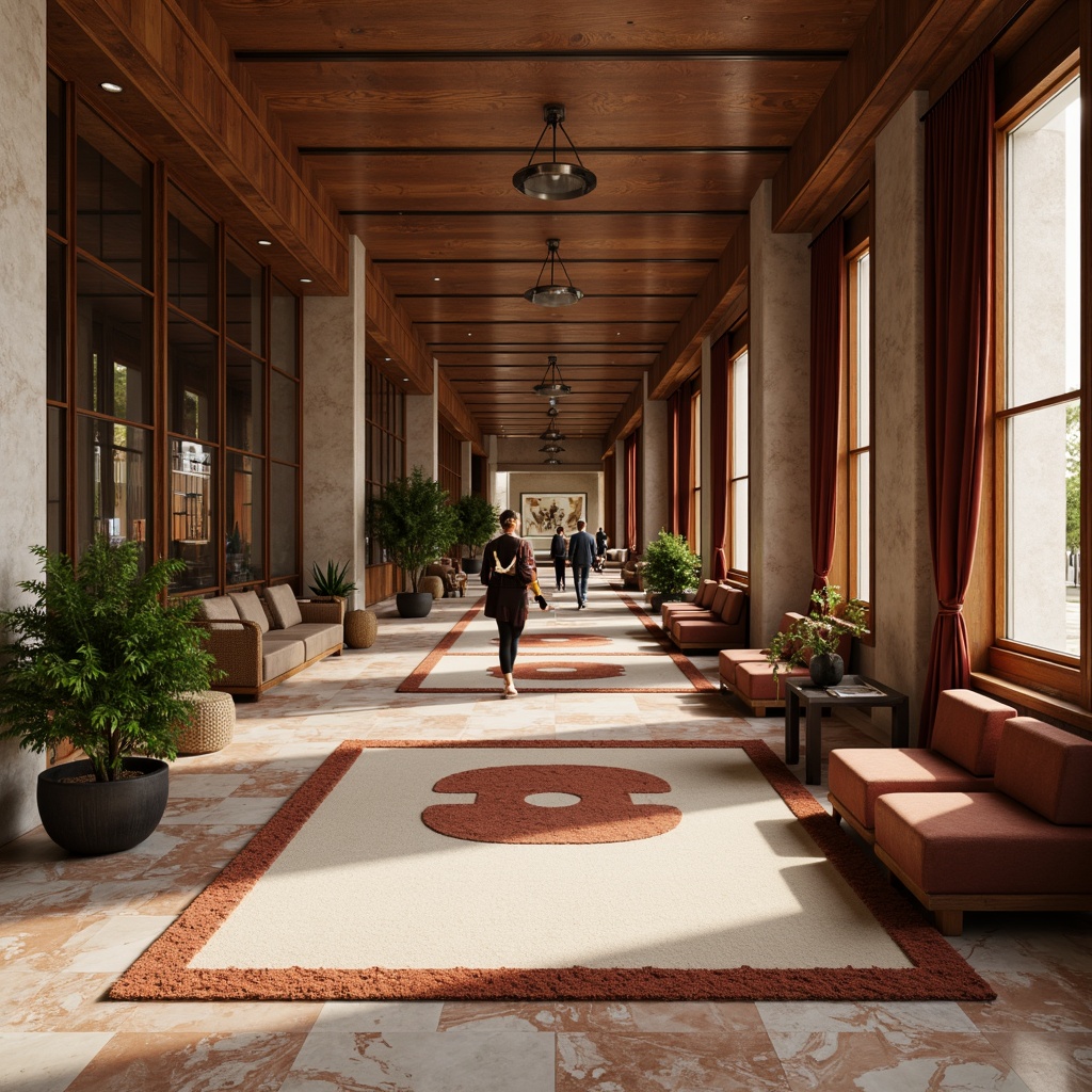 Prompt: Luxurious interior space, polished marble floors, rich wood paneling, soft plush carpets, velvet upholstery, metallic accents, glass partitions, natural stone walls, earthy terracotta tiles, rough concrete surfaces, smooth steel beams, warm ambient lighting, shallow depth of field, 1/1 composition, realistic material textures, subtle normal mapping.