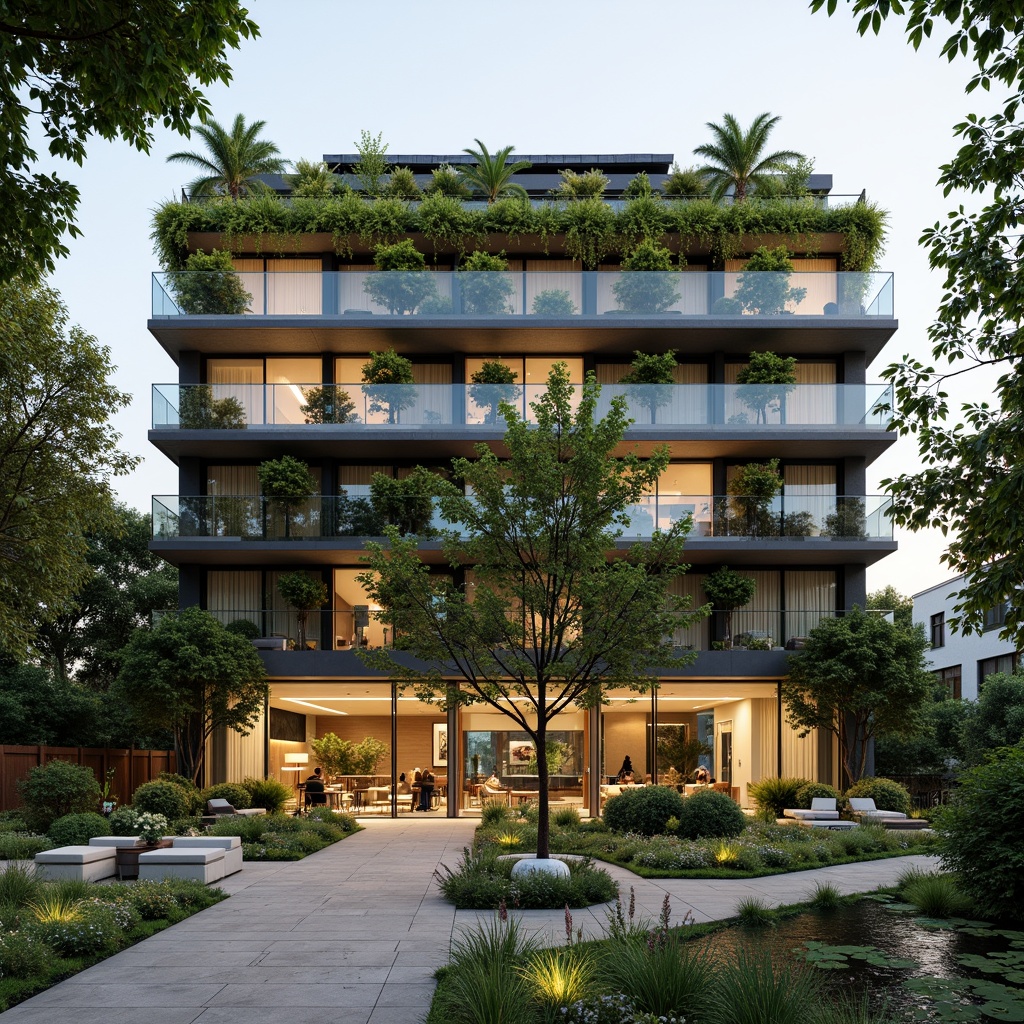 Prompt: Eco-friendly hotel facade, lush green walls, living roofs, solar panels, wind turbines, rainwater harvesting systems, natural stone flooring, reclaimed wood accents, energy-efficient lighting, LED signage, organic gardens, vertical farming, outdoor seating areas, shaded courtyards, misting systems, modern minimalist interior design, sustainable materials, low-flow showerheads, dual-flush toilets, bamboo furnishings, recycled glass decor, earthy color palette, warm natural lighting, 1/1 composition, soft focus effect.