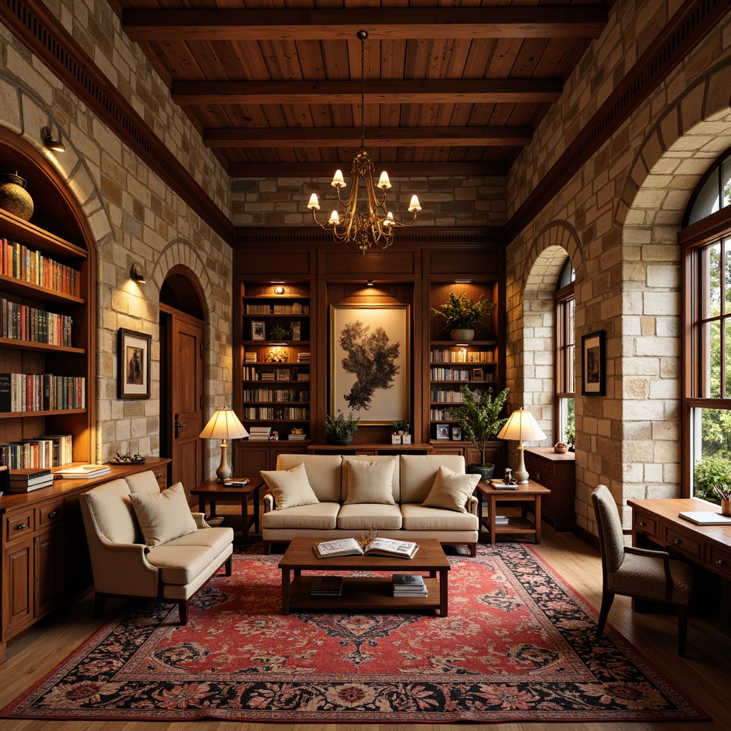 Prompt: Cozy reading nooks, warm wood accents, comfortable seating areas, richly patterned rugs, floor-to-ceiling bookshelves, rustic wooden beams, natural stone walls, earthy color palette, soft warm lighting, warm beige tones, regional cultural artifacts, local author showcases, quiet study corners, wooden desks, leather-bound books, vintage reading lamps, soft background music, calm atmosphere, shallow depth of field, 2/3 composition, realistic textures, ambient occlusion.