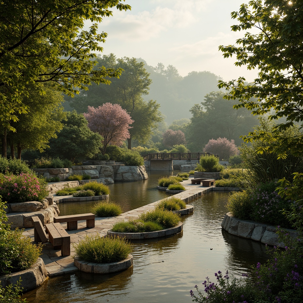 Prompt: Seamless landscape integration, harmonious natural surroundings, lush green vegetation, meandering pathways, serene water features, vibrant flowerbeds, rustic stone benches, weathered wooden bridges, elevated viewpoints, panoramic vistas, warm golden lighting, soft misty atmosphere, shallow depth of field, 3/4 composition, realistic textures, ambient occlusion.