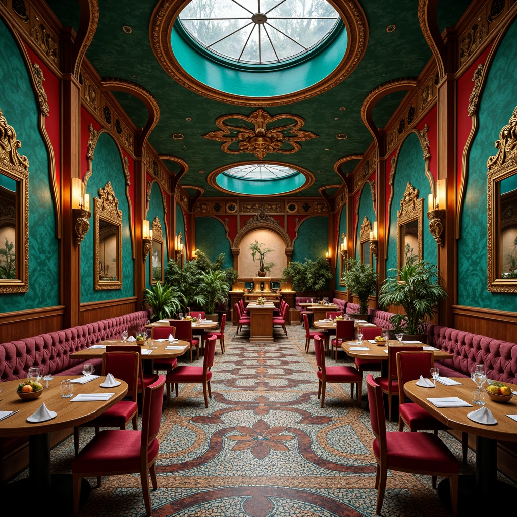 Prompt: Elegant Art Nouveau dining hall, rich jewel tones, emerald green walls, sapphire blue ceilings, ruby red accents, golden ornate details, curved sinuous lines, flowing organic shapes, luxurious velvet drapes, polished bronze fixtures, intricate mosaic floors, warm soft lighting, intimate ambiance, classic ornate furniture, lavish decorative mirrors, ornate plasterwork, natural floral patterns, whimsical botanical illustrations.