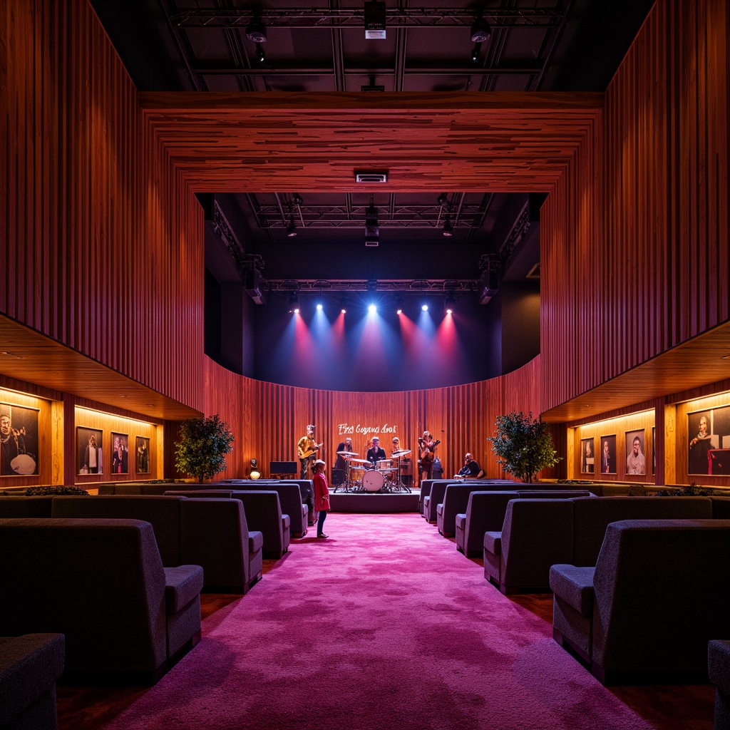 Prompt: Intimate music venue, rich wood tones, sound-absorbing panels, curved lines, elevated stage, professional lighting rigs, plush seating areas, acoustic guitars, drum sets, vibrant color schemes, soft carpeting, dimmable LED lights, 1/2 composition, shallow depth of field, warm atmosphere, realistic textures, ambient occlusion.