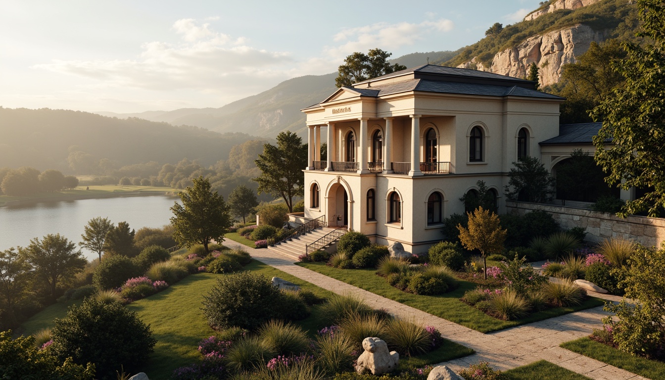 Prompt: Grand neoclassical mansion, symmetrical facade, ornate details, ionic columns, curved archways, rustic stone walls, lush greenery, rolling hills, serene lake, misty morning, soft warm lighting, shallow depth of field, 3/4 composition, panoramic view, realistic textures, ambient occlusion, harmonious color palette, elegant furnishings, intricate moldings, refined stonework, ornate metalwork, majestic entranceways.